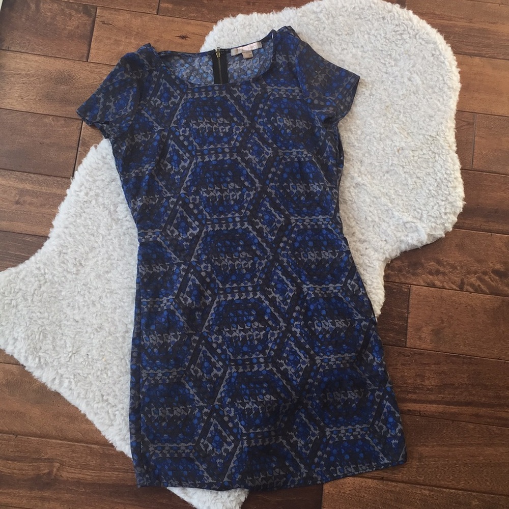 Blue Patterned Dress with Back Detail and Zipper